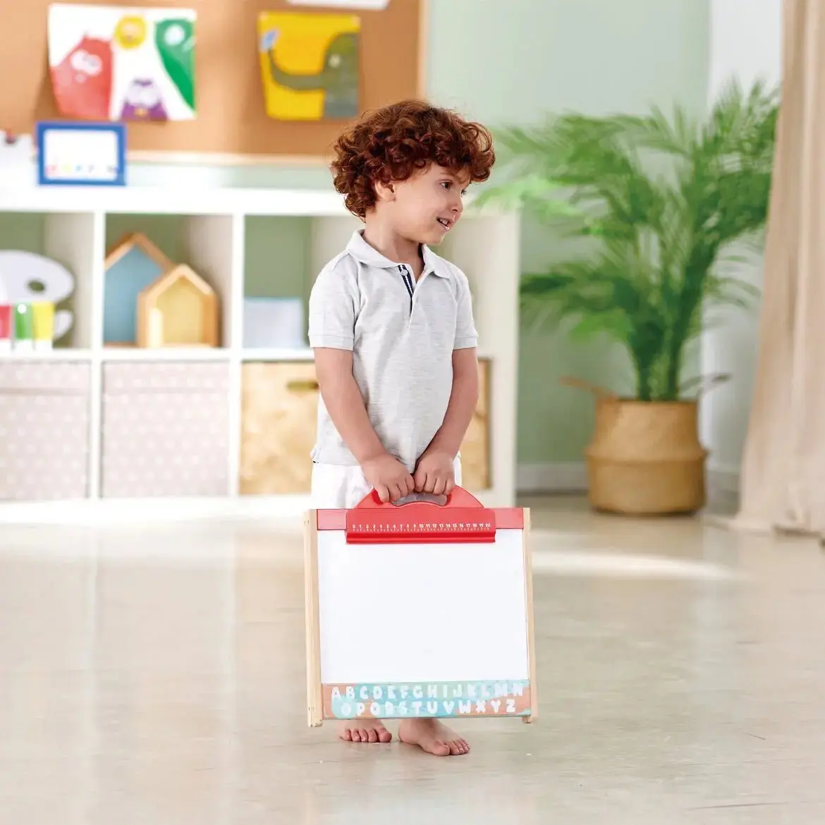 Hape Store & Go Easel Folding Double-Sided Tabletop Blackboard & Whiteboard with Chalks, Markers - Image 3