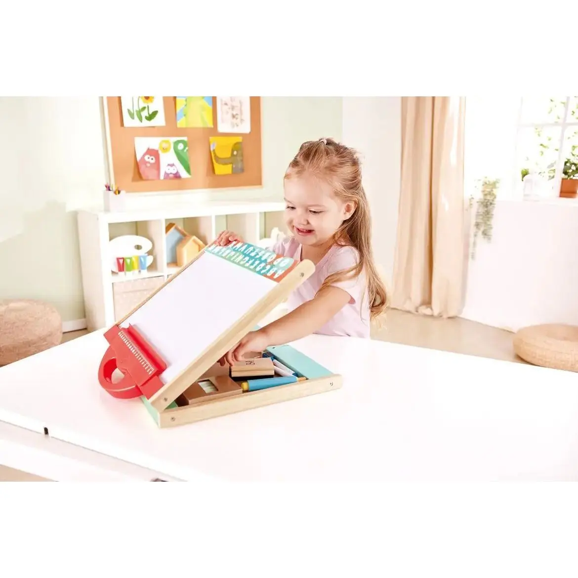 Hape Store & Go Easel Folding Double-Sided Tabletop Blackboard & Whiteboard with Chalks, Markers - Image 6