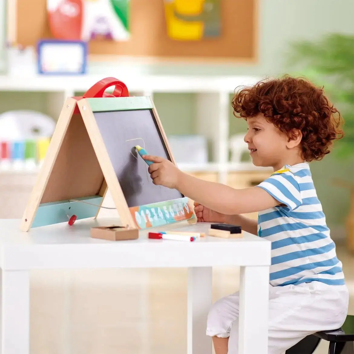 Hape Store & Go Easel Folding Double-Sided Tabletop Blackboard & Whiteboard with Chalks, Markers - Image 7