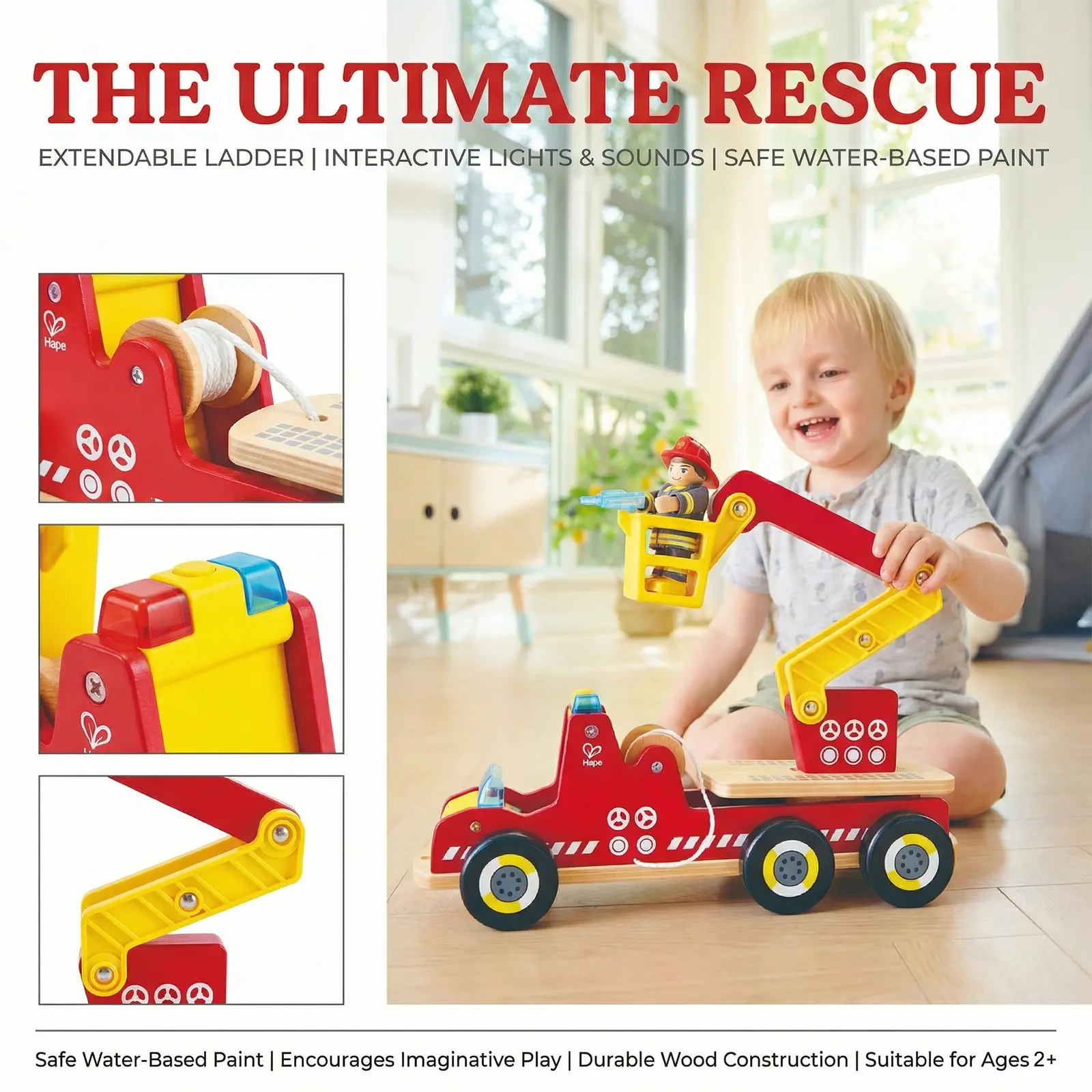 Hape Siren & Lights Toy Fire Truck - Image 5